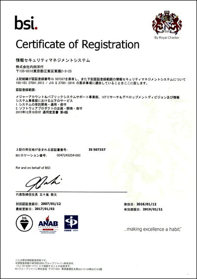 ISO27001 適合認定証
