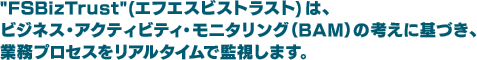 "FSBizTrust"(�G�t�G�X�r�X�g���X�g) �́A�r�W�l�X�E�A�N�e�B�r�e�B�E���j�^�����O�iBAM�j�̍l���Ɋ�Â��A�Ɩ��v���Z�X�����A���^�C���ŊĎ����܂��B