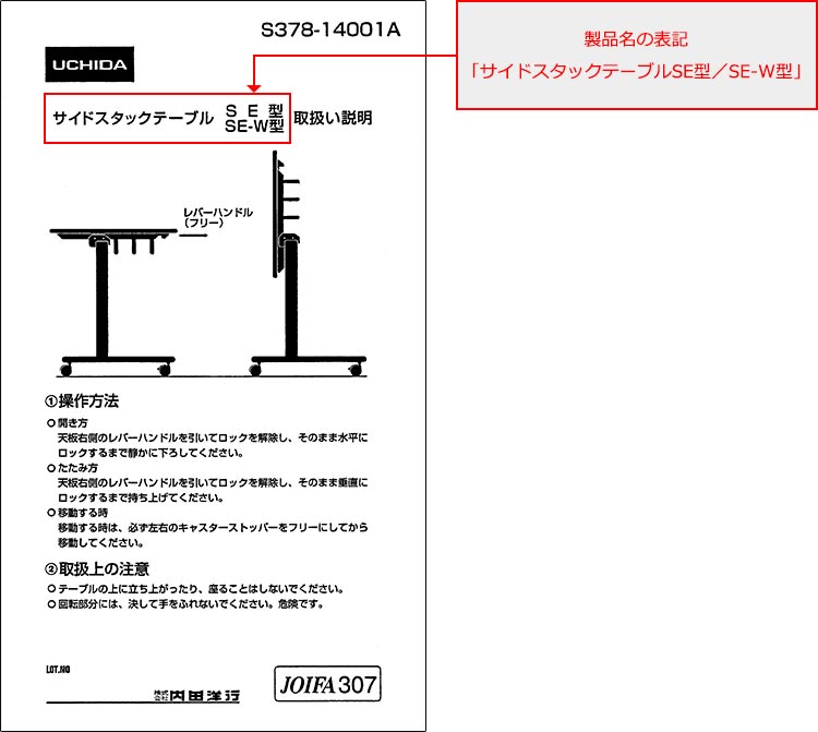 製品名の表示　「サイドスタックテーブルSE型／SE-W型」