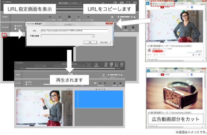 URL指定画面を表示。URLをコピーします。再生されます。