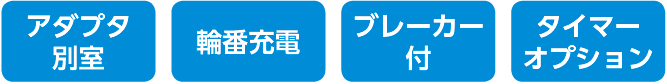 アダプタ別室、輪番充電、ブレーカー付、タイマーオプション