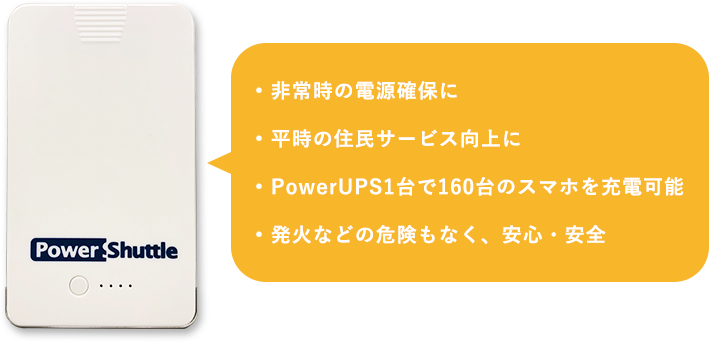 ・非常時の電源確保に　・平時の住民サービス向上に　・PowerUPS1台で160台のスマホを充電可能　・発火などの危険もなく、安心・安全